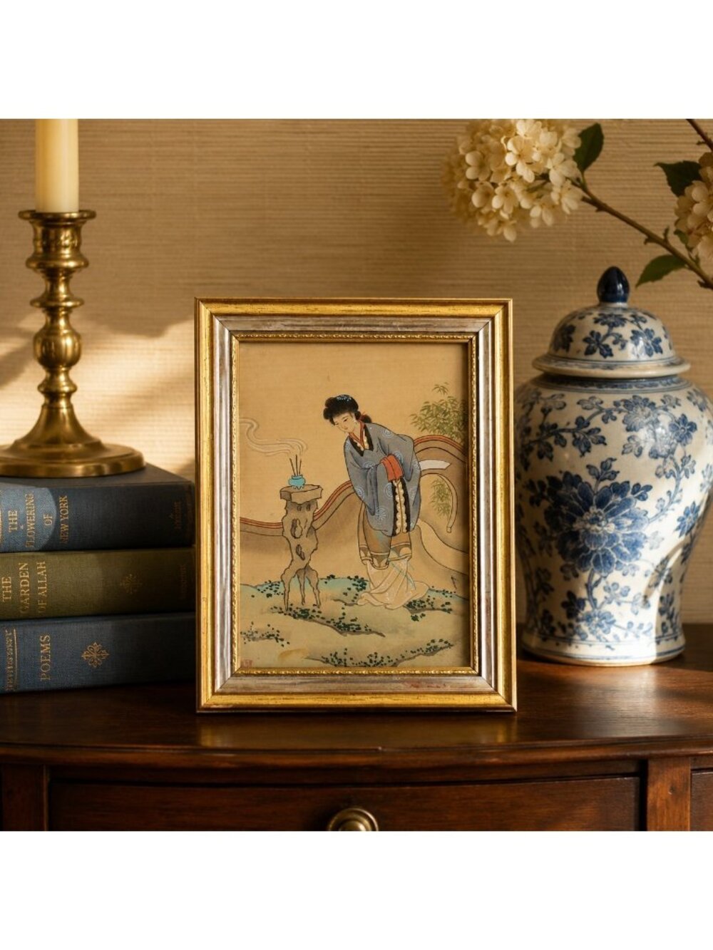 Vintage Chinese Hand-Painted Export Souvenir Painting Woman with IncenseFramed